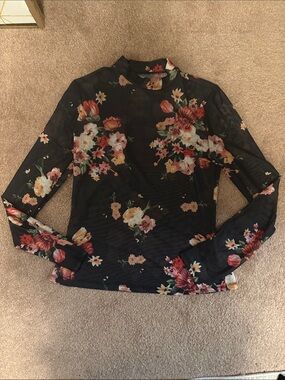 NWOT - Black Floral Mock Neck Mesh Long-Sleeve Top (Shein, Large)
